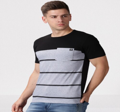 THE FASHION FACTORY Men Striped Round Neck Cotton Blend Black, Grey T-Shirt-E