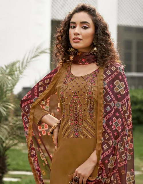 THE JAZZBAAT Women's Unstitched Printed Cotton Suit Set Unstitched Salwar Suit Dress Material High Quality Unstitched Dress Material For Women (Brown)