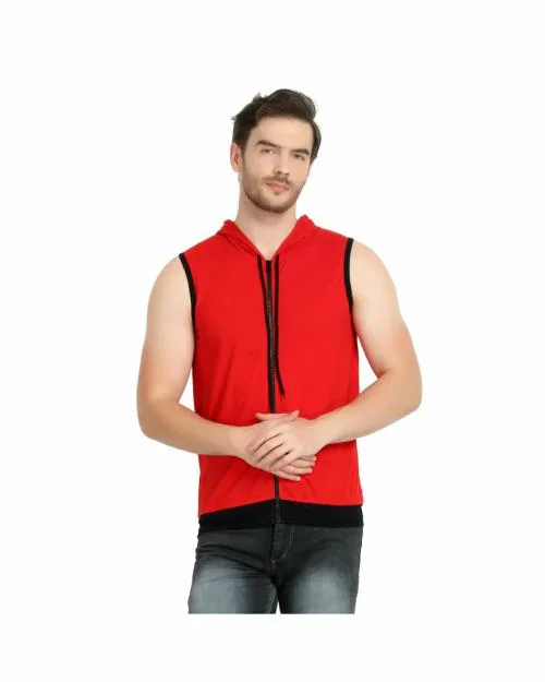 Glito Solid Red Sleeveless Hoodie With Zipper T-shirts For Men's