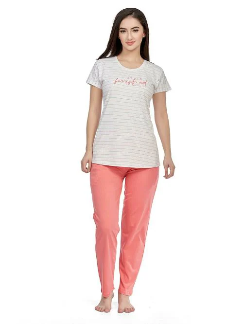 SWEET SKIN Women Peach Printed Cotton Top & Pyjamas Set (M)