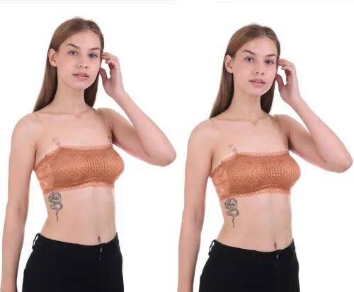 VS Beauti Lace Padded Non Wired Full Coverage Glam Sheer Bralette Strapless Tube Top Peach Bra for Women's Pack of 2