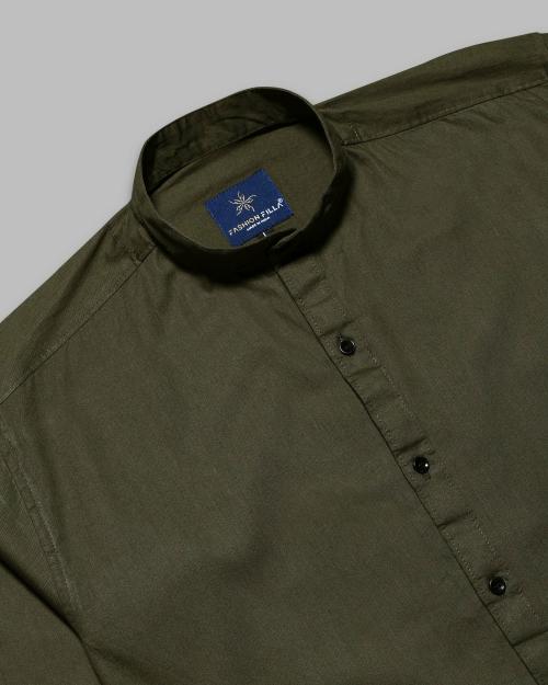 Jobber Plain Casual Green Kurta Collar Shirt with Black Button for Men | Premium Cotton Shirt | Full Sleeves Slim Fit | Buy Stylish Plain Shirt Online Long Lasting Fabric