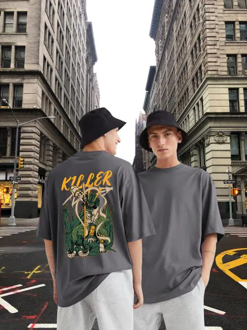 Free Society Mens Printed Pure Cotton Oversize Hip Hop Sleeve T Shirt(Grey,Pack of 1)