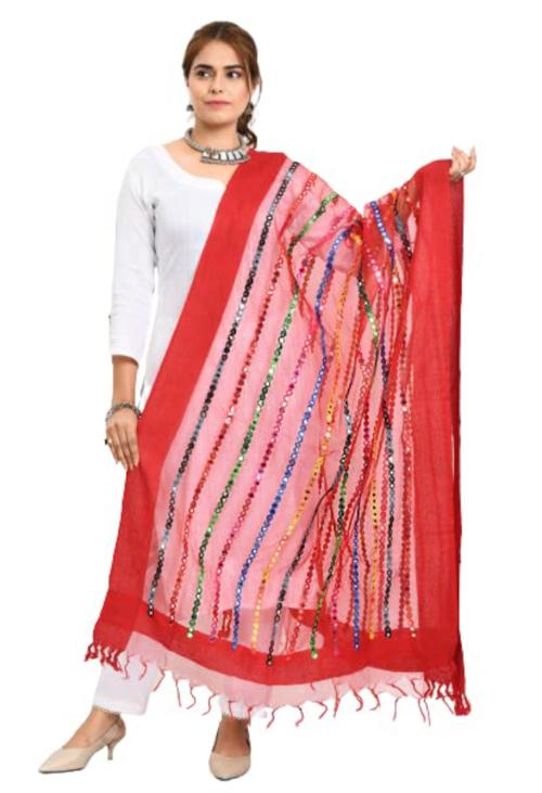 Moeza Women Red Organza Cotton Thread Mirror Work Dupatta