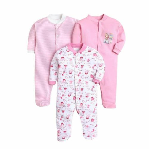 EIO 100% Cotton Newborn Rompers Sleepsuits Jumpsuit Night Suits for Baby Boys & Girls Pack of 3 (Pink Rompers 9-12 Months)