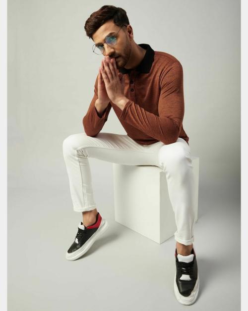 Gritstones Men Rust Full Sleeve Cotton Solid T-Shirt