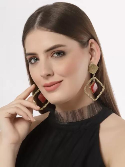 SIRIMIRI Export Quality Brass Handmade Raisin Red Stone Square Shaped Stud dangler Brass Drops & Danglers