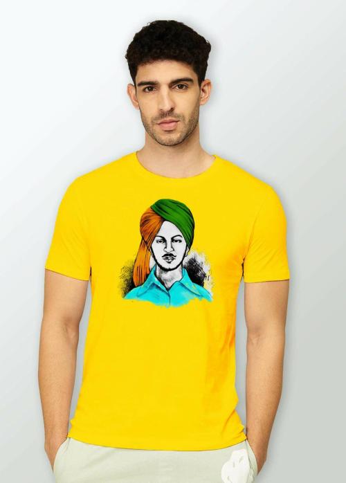Estaban Men Yellow Blue Bhagat Singh Tsihrt Printed Cotton Blend T-Shirt (L)