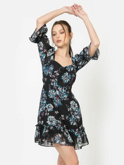 June 9 Clothing Women's Black Short Sleeve Chiffon Floral Flared Western Dress