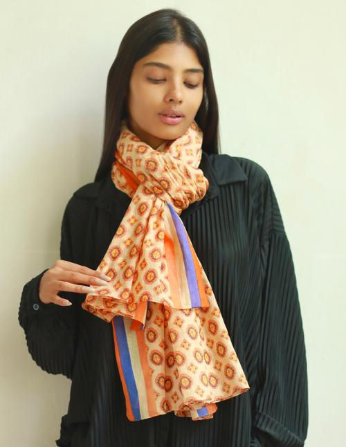 Ayesha Orange, Beige & Blue Boho Mandala Motif Printed with Striped Border Viscose Scarf