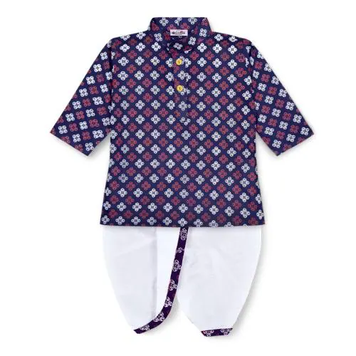 Mustmom Rice Ceremony Full Sleeve Cotton Ethnic Dress Kids Lungi Dhoti Kurta Set for Boy Blue