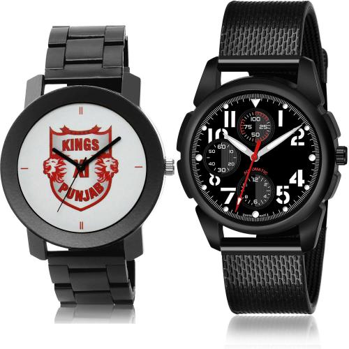 TIMENTER Brand New Professional Punjab Lions Squad (Pbks) Ipl Chain Black Colour Analog Metal And Plastic Belt 2 Watch Combo For Boys And Men - IPL14-(51-S-10)