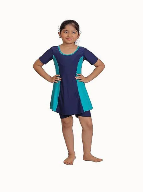 AASHRAY One-Piece Half Sleeves Knee Length A-Line Swimming Costume(navy)