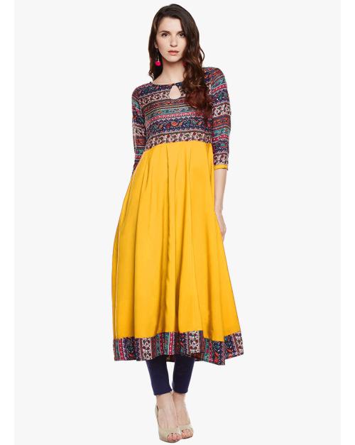 Fuoko Yellow Ethnic Anarkali Festival Kurti For Women-L