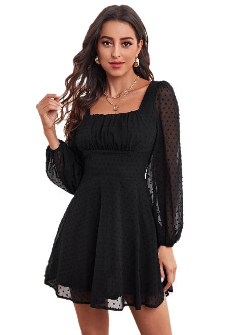 Clothzy Women's Black Color Square Neck Long Sleeve Georgette Dress