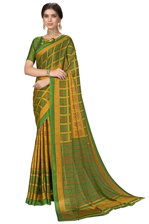 Sariya Printed Bandhani Georgette, Silk Blend Saree (Green)