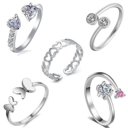 Okos Valentine All Heart Collection Combo of 5 Adjustable Rings Embellished with Cz and Crystal Elements Crafted for Girls and Women CO1000200