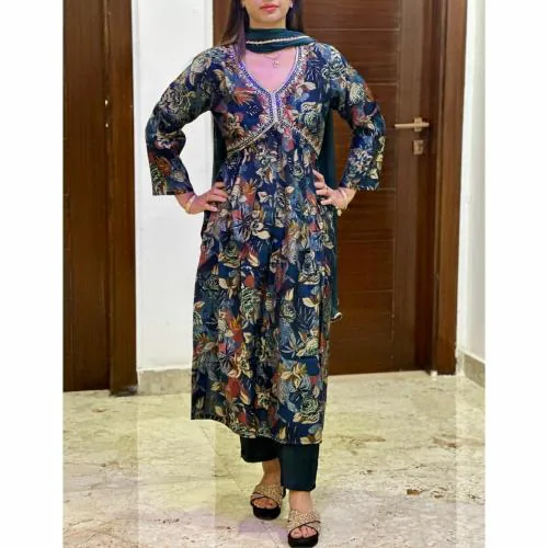 Glatt Alia Cut Design Women's Kurti Suit Set | Flower Printed Stylish and Modern Attire for Every Occasion | Blue | Size-XXl