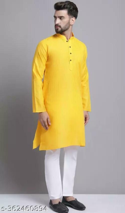 SONBAI Men Boys Cotton Zari Lining Striped Kurta suitable for all occassions wedding shaadi haldi festivals yellow (S)