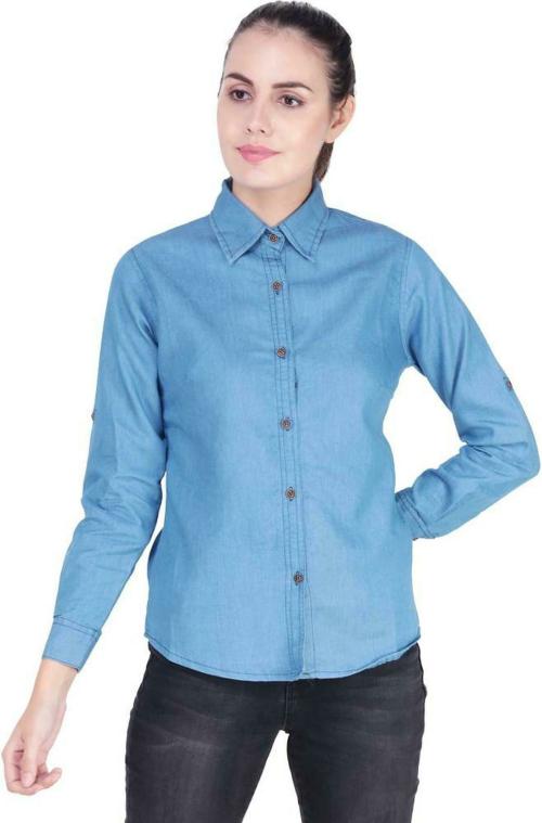 OOTPTAANG Women Blue Solid Denim Casual Shirt - L