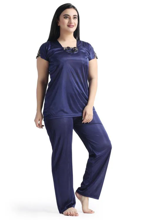 Come 4 Try Women's Satin Plain/Solid Navy Blue Satin Night suit Top & Pajama Set Nightdress