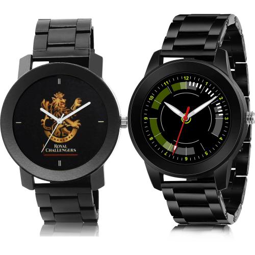 TIMENTER Treading Fancy Royal Challengers Bangalore Squad (Rcb) Ipl Chain And Black Chain Black Colour Analog Metal And Stainless Steel Belt 2 Watch Combo For Boys And Men - IPL16-(43-S-20)