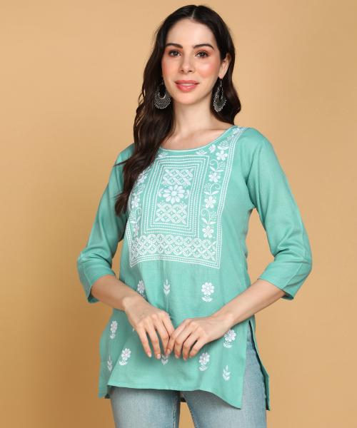 TOP N THREAD Women Cotton Chikankari Embroidery Kurti Cyan