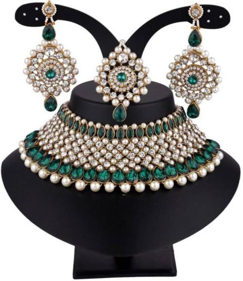 Shikha Store Alloy Necklace, Earring and Maang Tikka Set (Yellow)