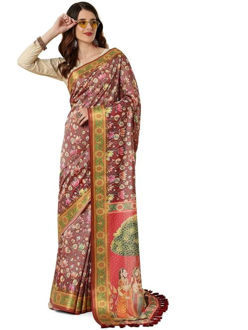 Dungrani Maroon Kalamkari Art Silk Women Saree With Blouse Pic