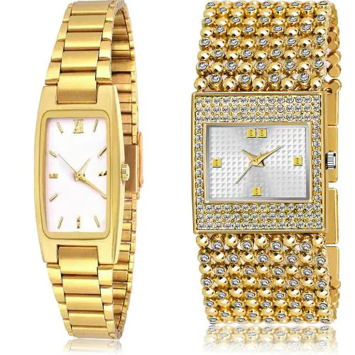 NEUTRON Brand New Style Golden Couple Chain And Chain Bracelet Diamond Gold Colour Analog Metal Belt 2 Watch Combo For Women And Girls - GCPL36-GL288
