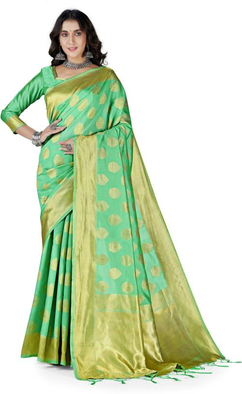 Sainoor Women Free Size Green Woven Design Silk Blend Banarasi Saree