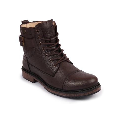 FAUSTO Men Brown High Top Genuine Leather 7-Eye Lace Up Buckle Strap Work Cap Toe Winter Flat Boots