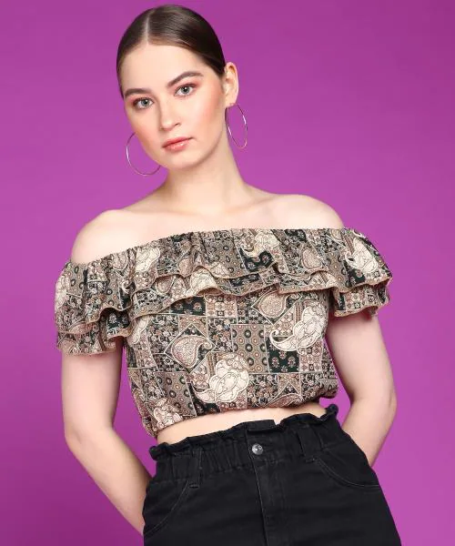 Popwings Women Casual Black Paisely Printed Off Shoulder Crop Top | Women Tops | Women Latest Tops | Women Stylish Tops