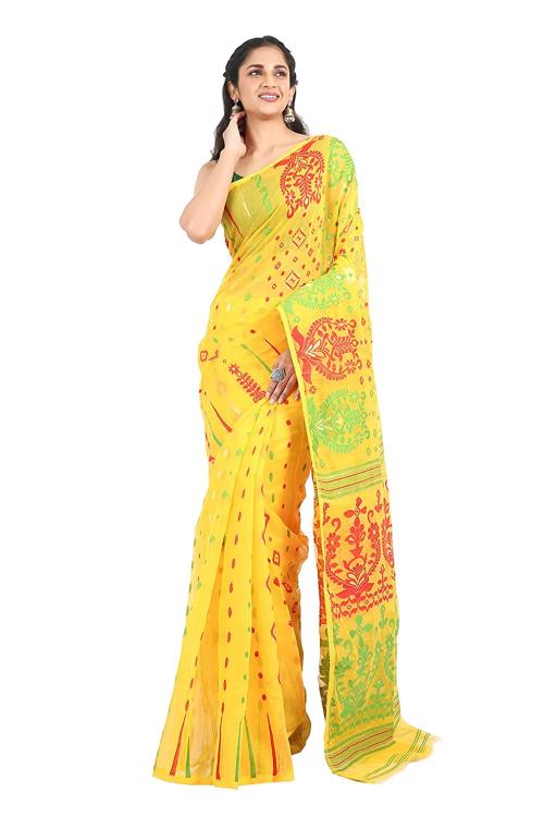 Sweta Women Yellow Cotton Blend Gyena Jamdani Saree