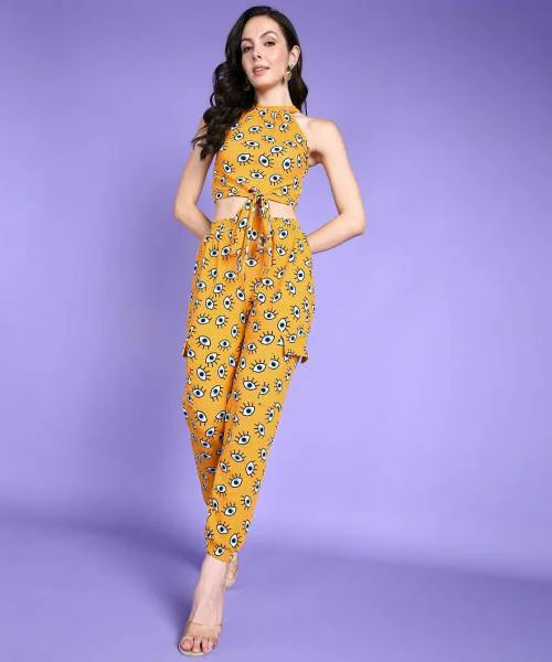 Popwings Women Casual Yellow Eye Printed Crop Top & Jogger Co-Ords Set | Top and Bottom Set | Printed Top and Joggers Set | Latest Design Top and Bottom Set