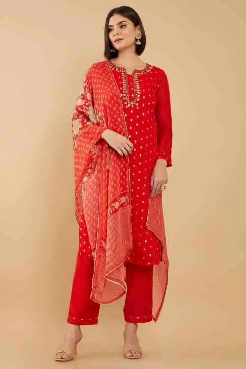 SOCH Women Red Embroidered Single Unstitched Dress Material (Free Size)