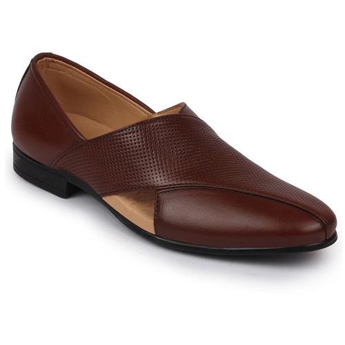 FAUSTO Men Formal Tan Peshawari Front Open Leather Slip On Shoes