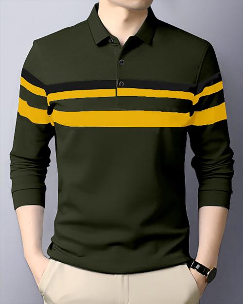 Gespo Dark Green,Black & Mustard Colorblocked Polo Neck Full Sleeve Casual T-Shirt