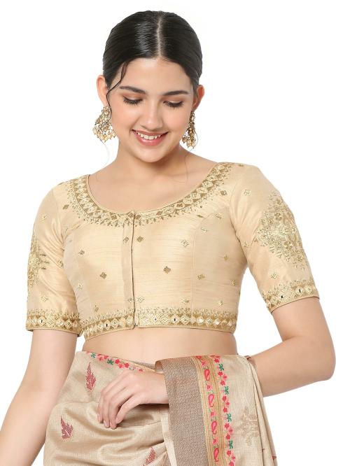 Salwar Studio Women's Cream Silk Blend Embroidered Readymade Saree Blouse