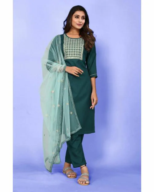 Happy Design Women Dark Green Cotton Blend Kurta Pant Dupatta Set