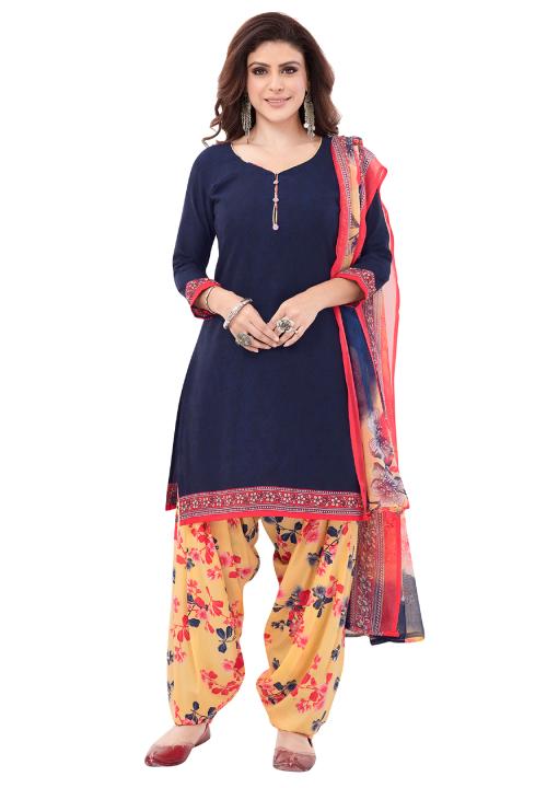 Salwar Studio Women's Navy Blue & Beige Synthetic Printed Unstitch Dress Material with Dupatta
