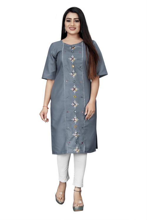 INDIAN BOUTIQUE NX Women Grey Embroidered Cotton Blend A-Line Kurta (4Xl)