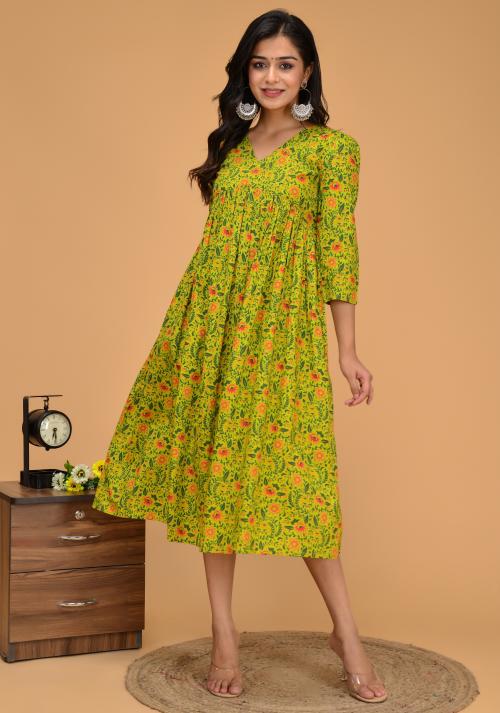 LYFJ Women's Green Floral Printed Pure Cotton Peplum Dress