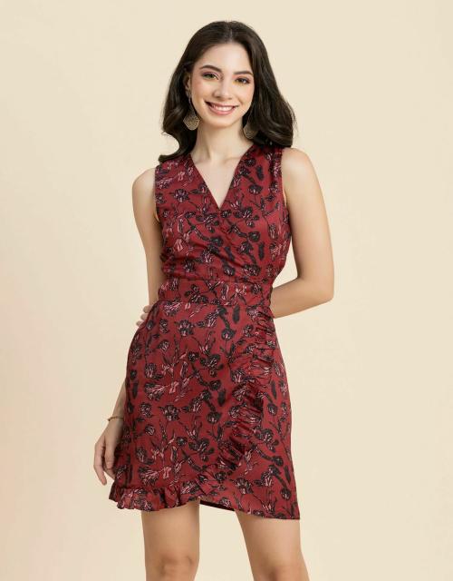 Moomaya Women's Printed Wrap Mini Dress, Sleeveless V-Neck Short Dress