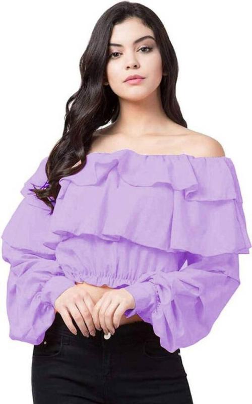 Liza Fashion Women Purple Solid Crepe Off Shoulder Top - L