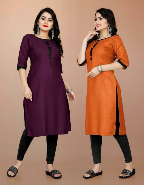 MIJAASHREE FASHION Women Dark Purple and Orange Solid Cotton Blend Pack of 2 A-line Kurta| XXL