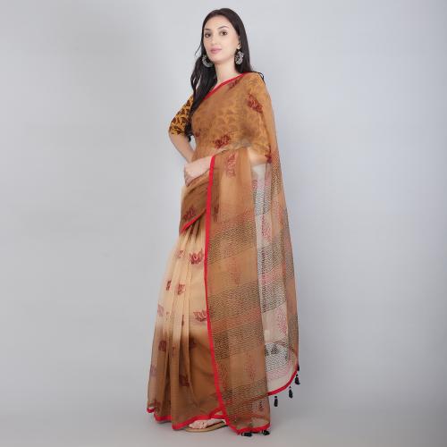 PALASH Brown & Beige Hand Block Printed Kotadoria Sudhira Saree With Blouse PAL.SAR.KOT.184