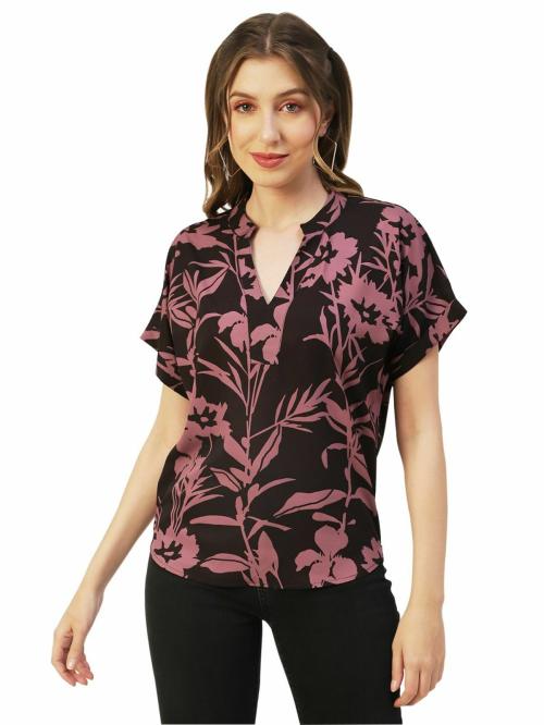 Moomaya Printed V-Neck Long Tops For Women, Short Sleeve Regular Fit Shirt