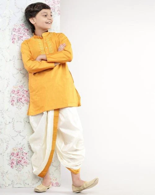 RAMRAJ COTTON Boys Art Silk Mustard/Cream Solid Kurta & Panchakacham Dhoti Set