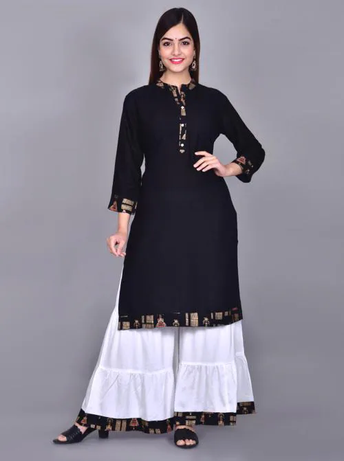 Aanshi FASHION Women Rayon Black Kurti With White Sharara Set